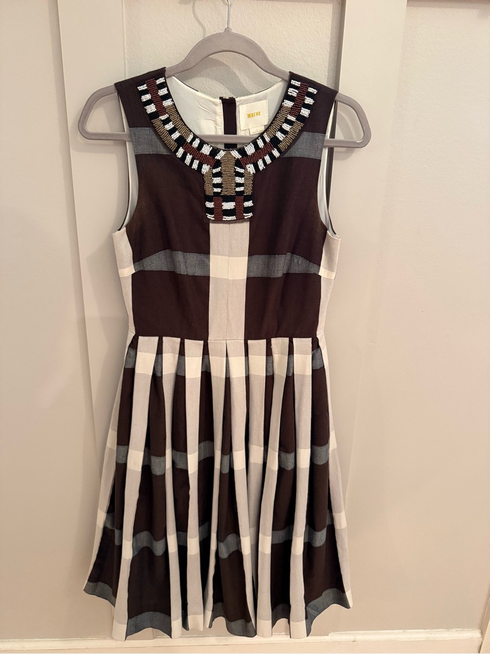 Maeve Brown Cream Plaid Sleeveless Dress with Beaded Neckline